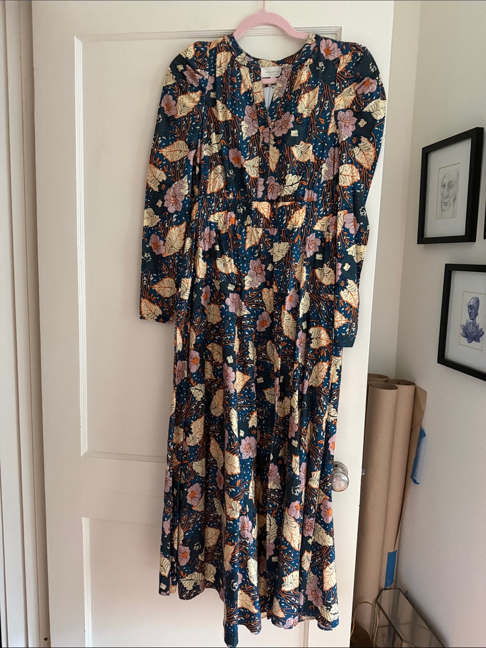 Long Sleeve Floral Maxi Dress in Navy and Gold
